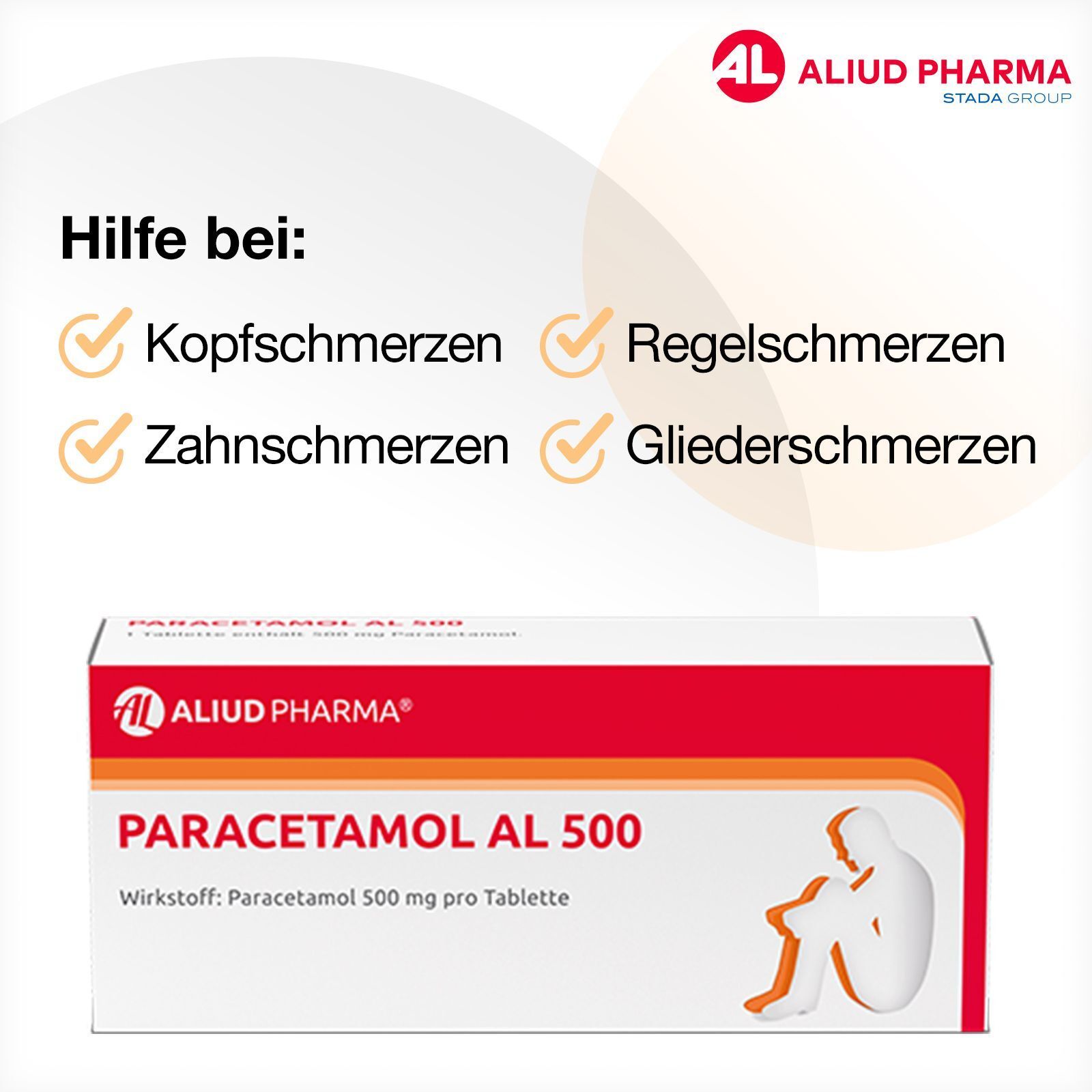 Packung PARACETAMOL AL 500 Tabletten, rot-weiß. Text 'Hilfe bei: Kopfschmerzen, Zahnschmerzen, Regelschmerzen, Gliederschmerzen'.