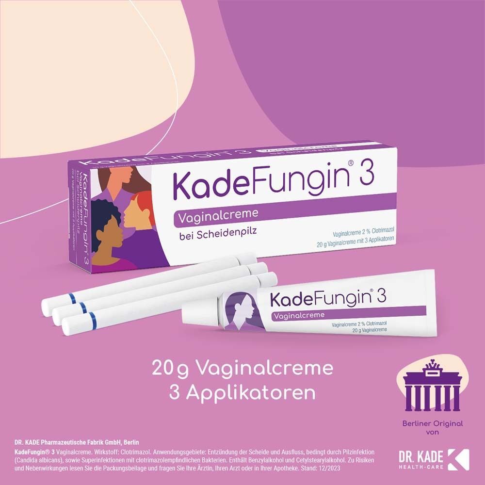 KadeFungin 3 Vaginalcreme-Tube und drei Applikatoren neben der Produktverpackung.