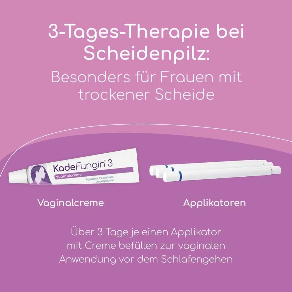 KadeFungin 3 Vaginalcreme-Tube und Applikatoren für eine 3-Tage-Therapie bei Scheidenpilz.