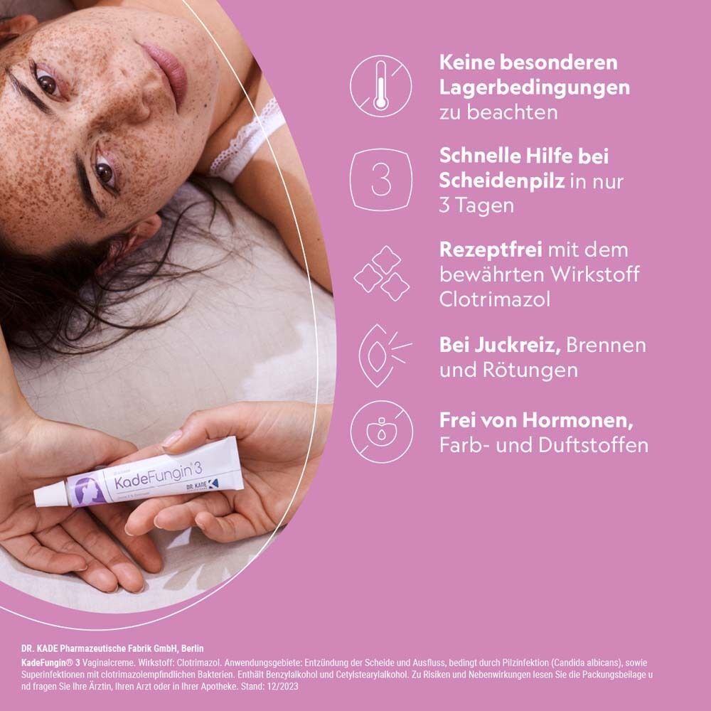 Frau hält KadeFungin 3 Vaginalcreme-Tube. Informationen zu Lagerung, schneller Hilfe und Inhaltsstoffen.