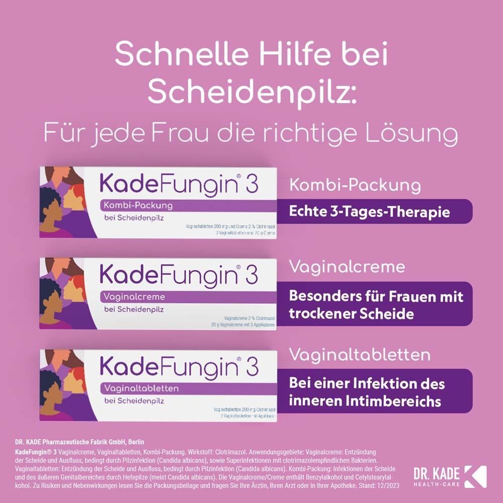 KadeFungin 3 Kombi-Packung, Vaginalcreme und Vaginaltabletten für die Behandlung von Scheidenpilz.