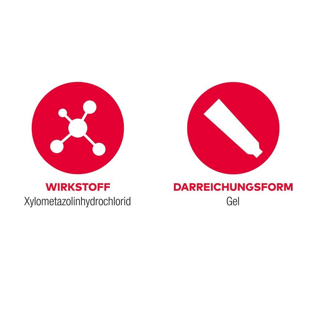 Symbole für Wirkstoff Xylometazolinhydrochlorid und Darreichungsform Gel.