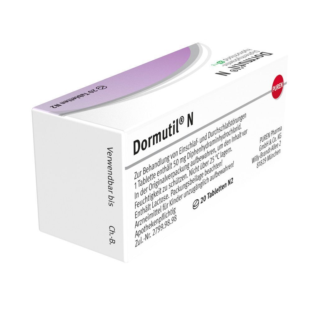 Packung Dormutil N mit 20 Tabletten Diphenhydraminhydrochlorid 50mg. PZN 07998998.