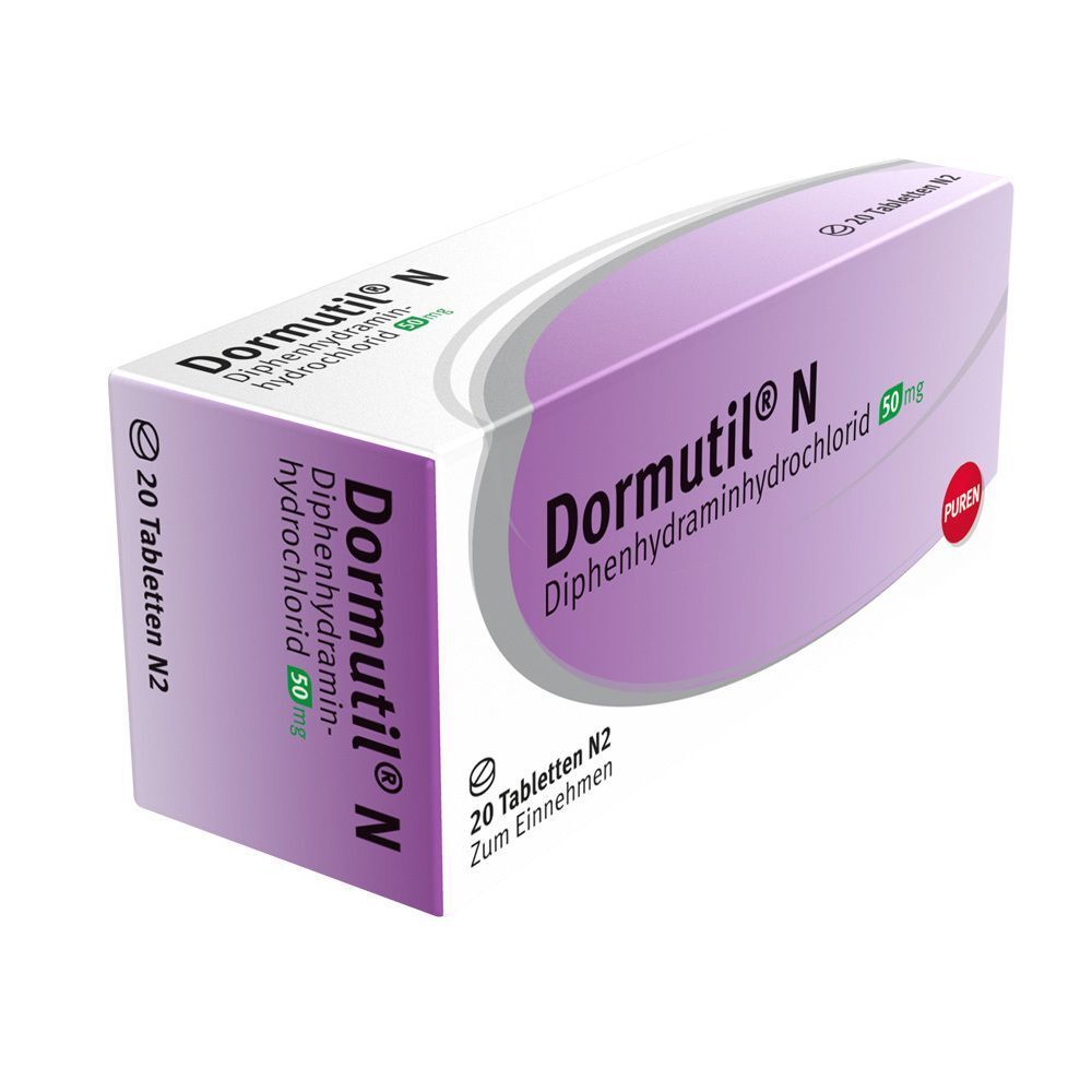 Packung Dormutil N mit 20 Tabletten Diphenhydraminhydrochlorid 50mg, von der Seite betrachtet.