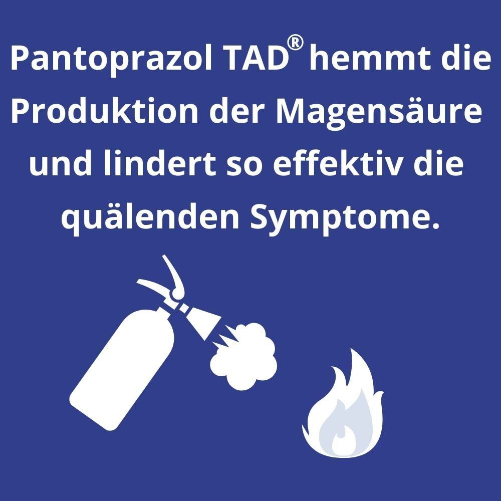 Pantoprazol TAD® hemmt Magensäureproduktion und lindert Symptome. Brandschutz-Symbol.