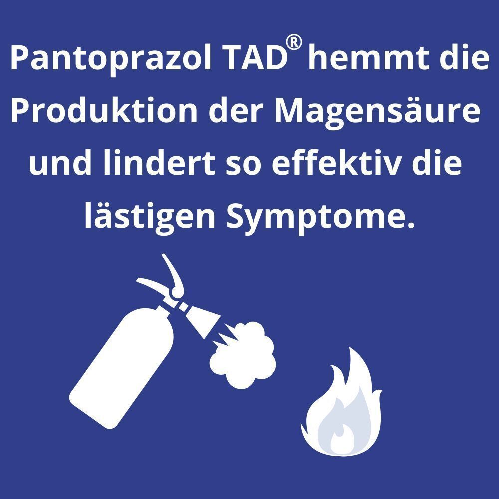 Pantoprazol TAD® hemmt Magensäureproduktion und lindert lästige Symptome. Brandschutz-Symbol.