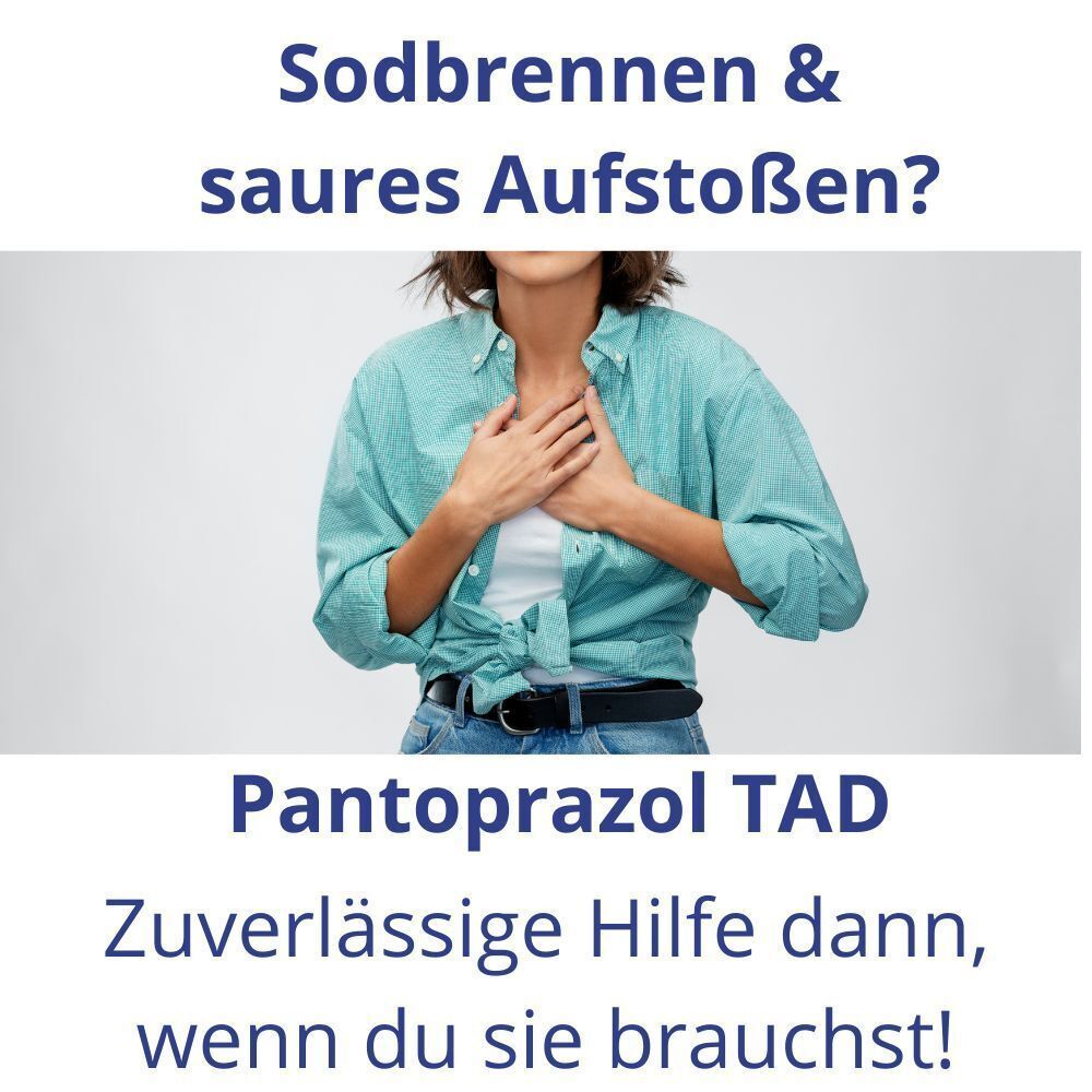 Frau mit Händen auf der Brust, Symbol für Sodbrennen. Pantoprazol TAD®: Zuverlässige Hilfe.