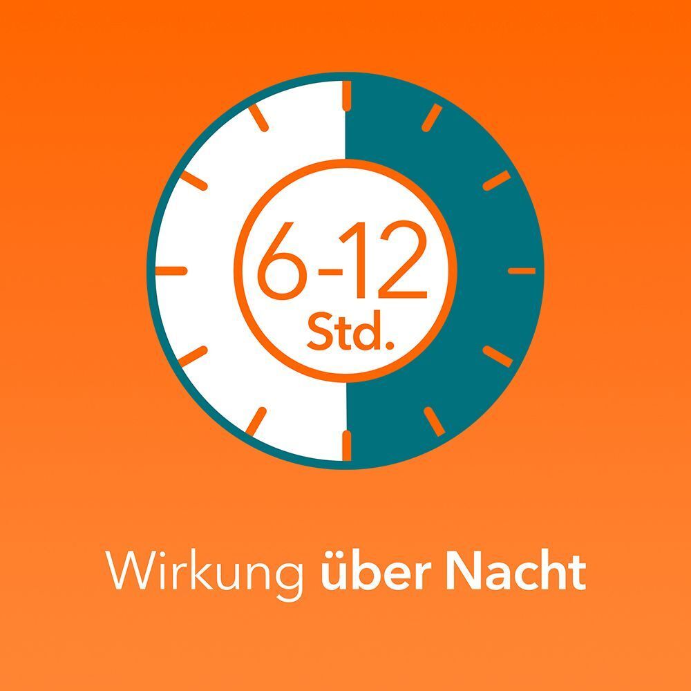 Symbol einer Uhr, die 6-12 Stunden anzeigt, mit Text 'Wirkung über Nacht'.