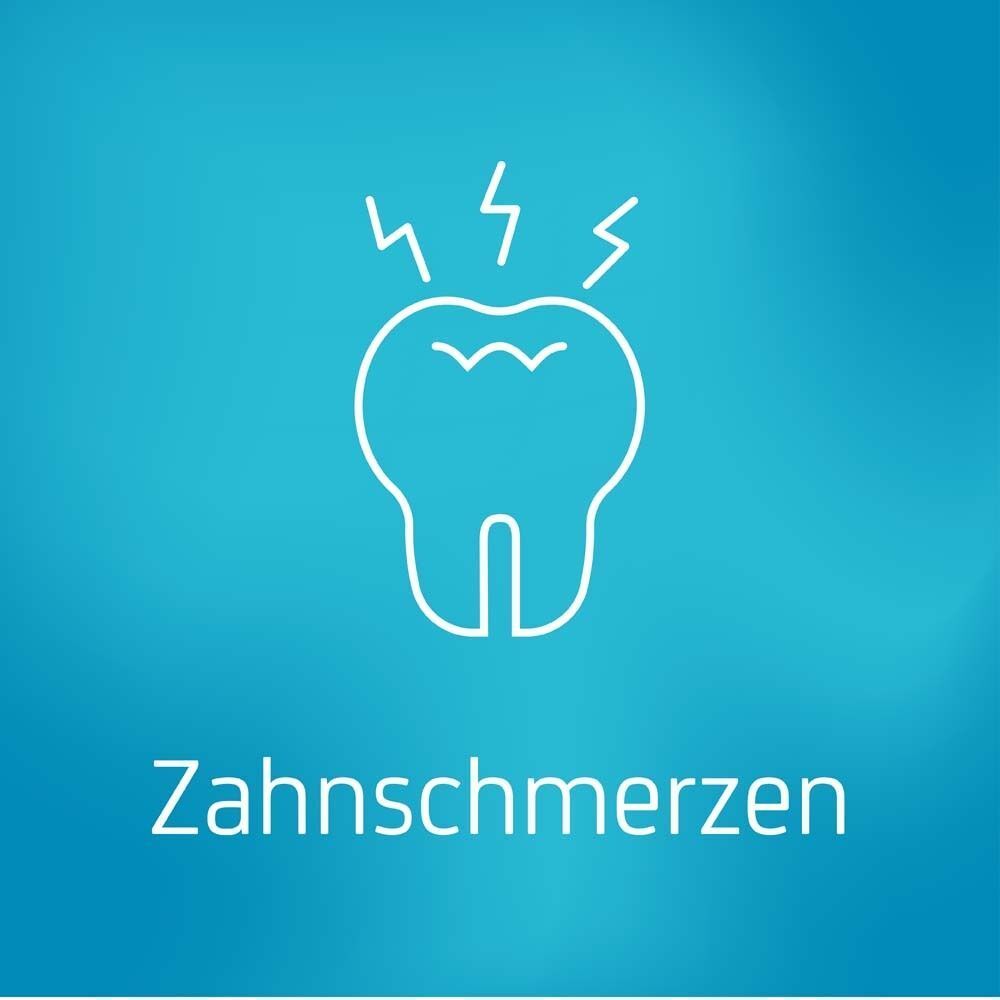 Stilisierte Darstellung von Zahnschmerzen mit Blitzsymbolen über einem Zahn.
