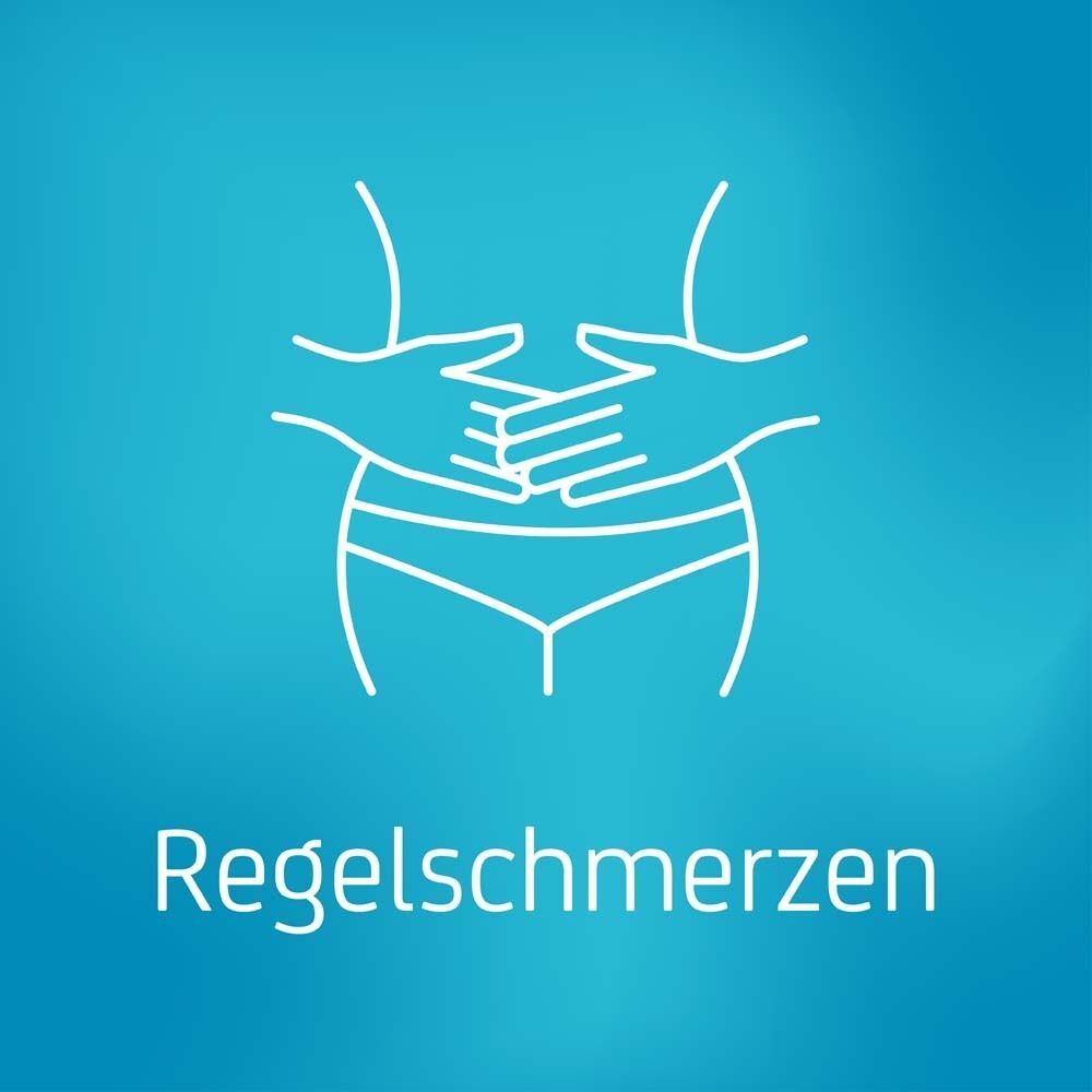 Stilisierte Darstellung von Regelschmerzen mit Händen auf dem Unterbauch.