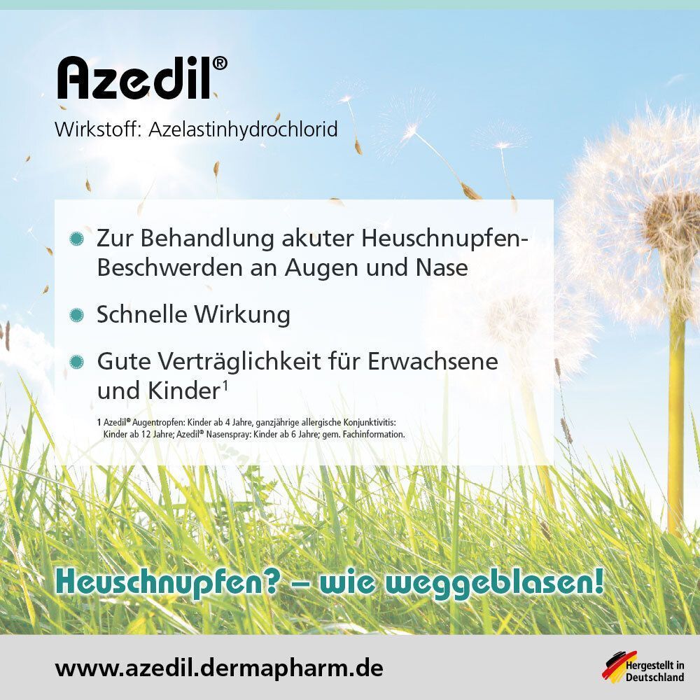 Azedil® Augentropfen: Zur Behandlung von Heuschnupfen. Wirkstoff: Azelastinhydrochlorid.