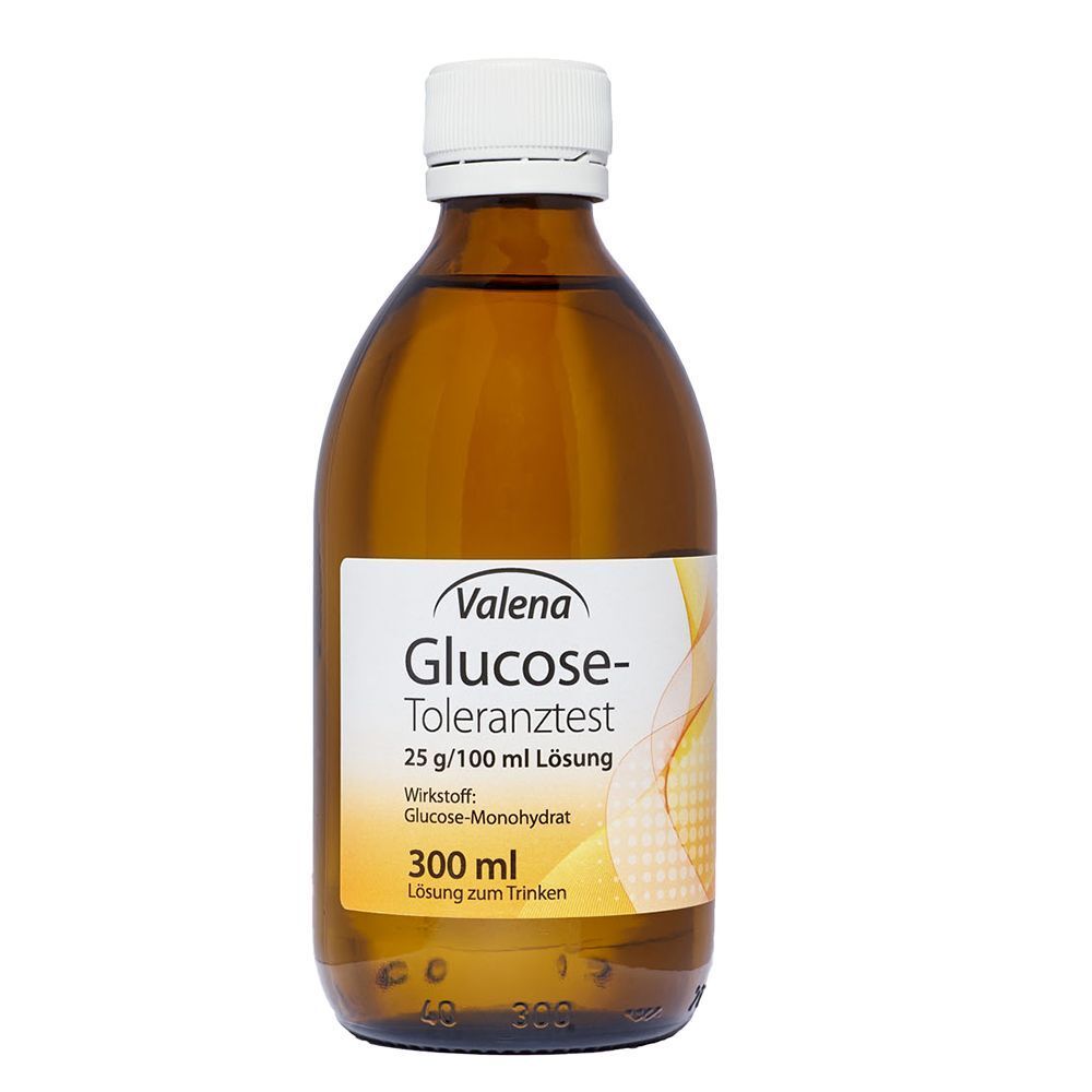 Eine Flasche des Valena Glukose-Toleranztests, 25 g/100 ml Lösung.