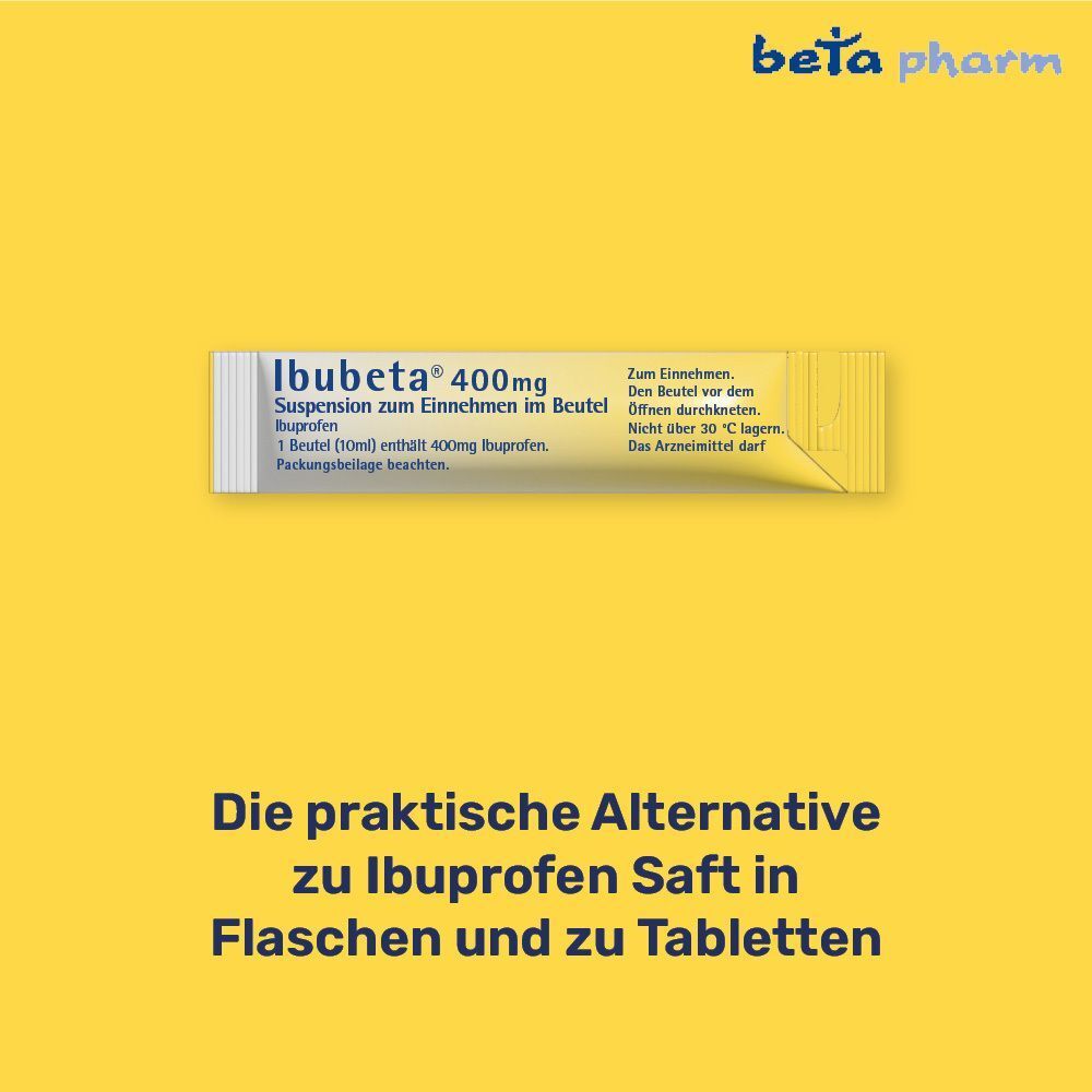 Ein einzelner Beutel Ibubeta® 400mg Suspension zum Einnehmen. Praktische Alternative zu Saft und Tabletten.
