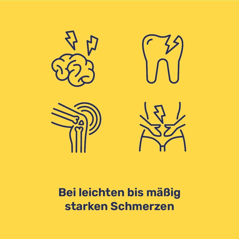 Symbole für Kopfschmerzen, Zahnschmerzen, Gelenkschmerzen und Unterleibsschmerzen.