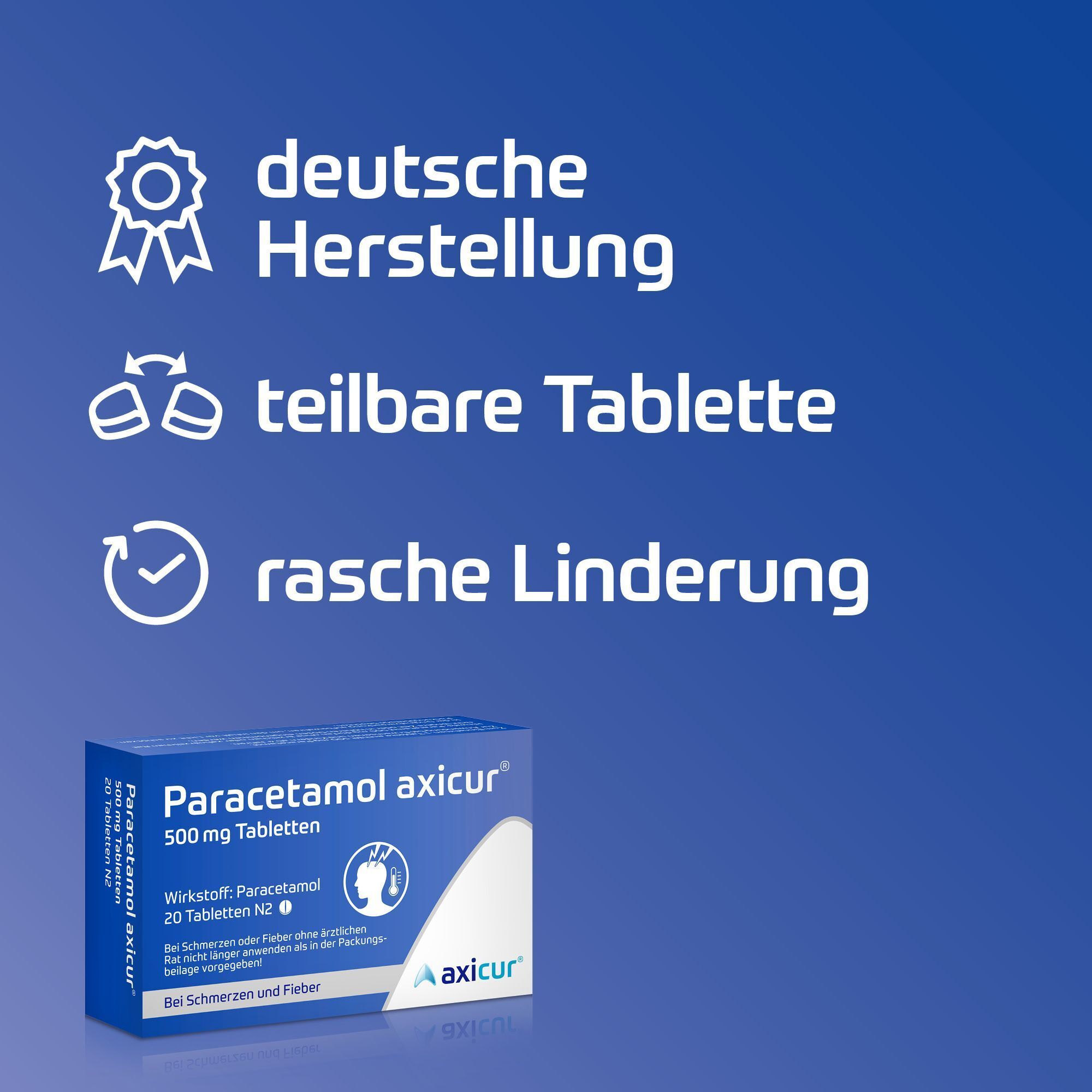 Packung Paracetamol axicur® 500 mg Tabletten mit Symbolen für deutsche Herstellung, teilbare Tablette, schnelle Linderung.