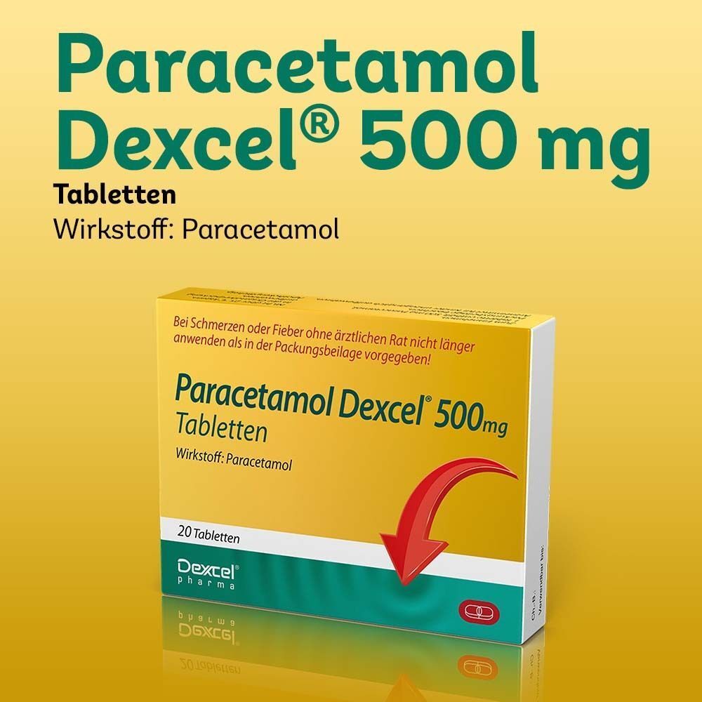 Packung Paracetamol Dexcel 500 mg Tabletten, 20 Stück. Wirkstoff: Paracetamol.