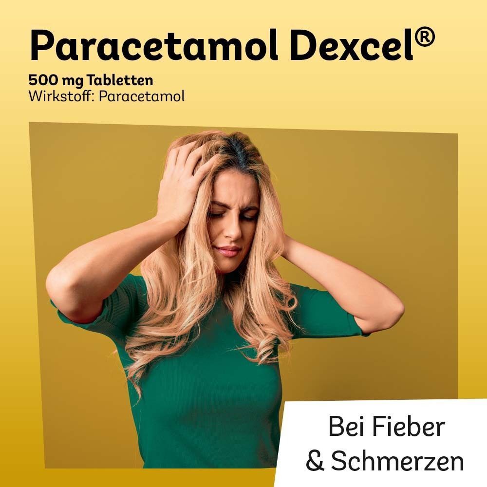 Frau mit Kopfschmerzen. Paracetamol Dexcel 500 mg Tabletten bei Fieber & Schmerzen.