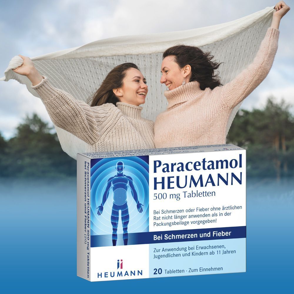 Paracetamol HEUMANN 500 mg Tabletten (20 Stück) vor zwei lächelnden Frauen mit Schal.