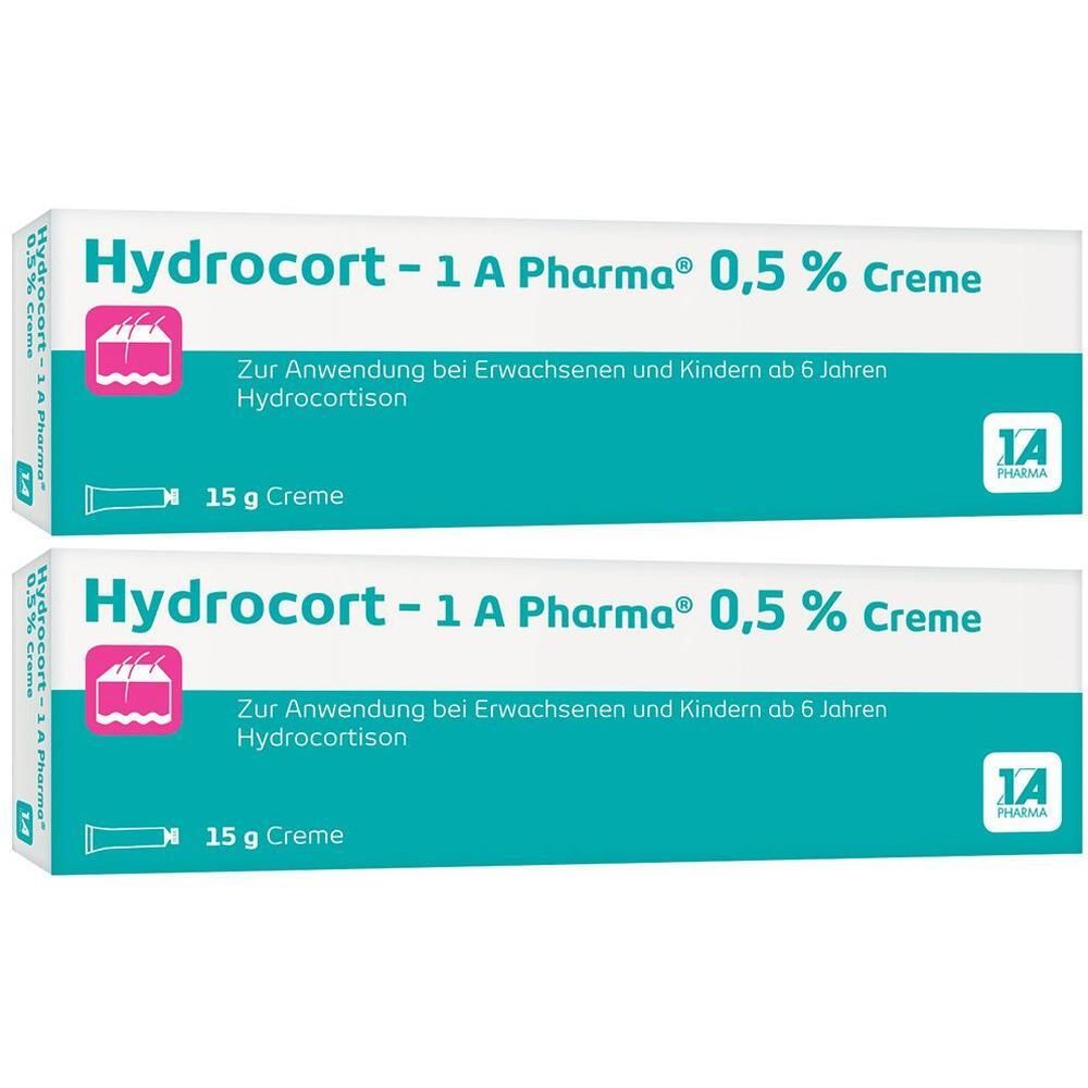 Zwei Packungen Hydrocort-1 A Pharma® 0,5% Creme, je 15g. Für Erwachsene und Kinder ab 6 Jahren.