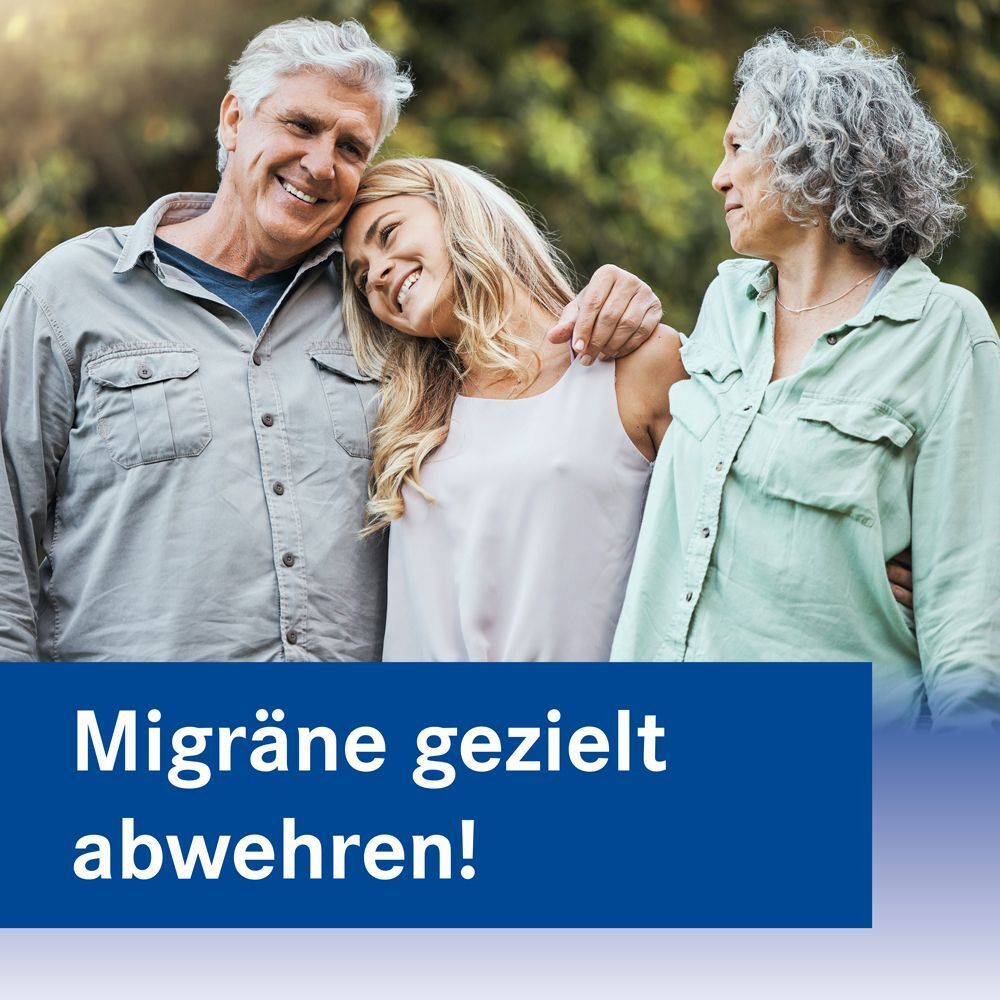 Glückliches Paar und Tochter im Freien. Text: Migräne gezielt abwehren!