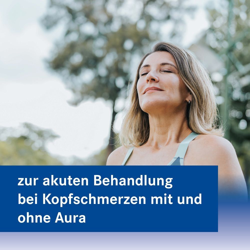 Frau mit geschlossenen Augen im Freien. Text: Akute Behandlung bei Kopfschmerzen.