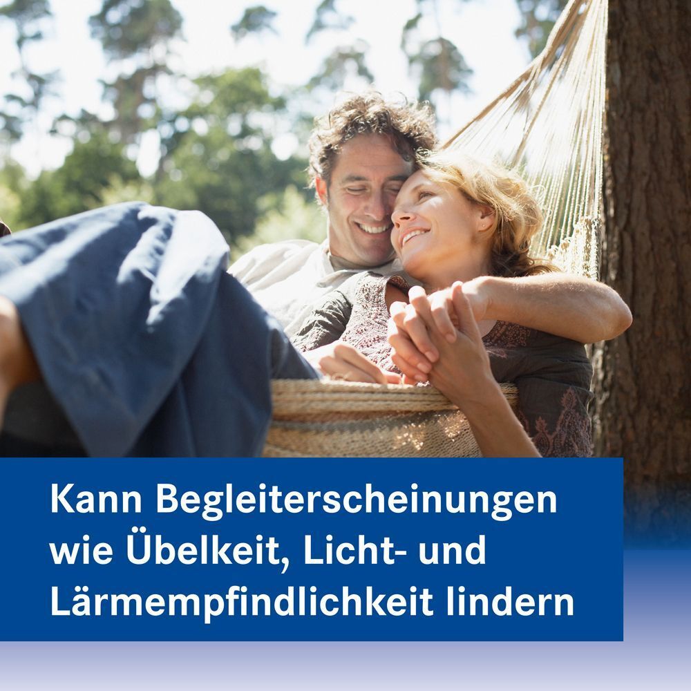 Paar entspannt in Hängematte. Text: Lindert Begleiterscheinungen wie Übelkeit.