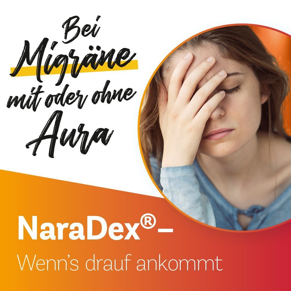 Frau mit Migräne und Text: NaraDex® - Wenn's drauf ankommt.