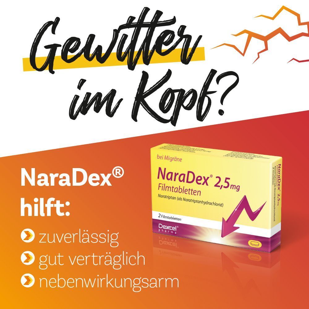 Kopfschmerzen-Symbol, Packung NaraDex® 2,5 mg und Text: NaraDex® hilft.
