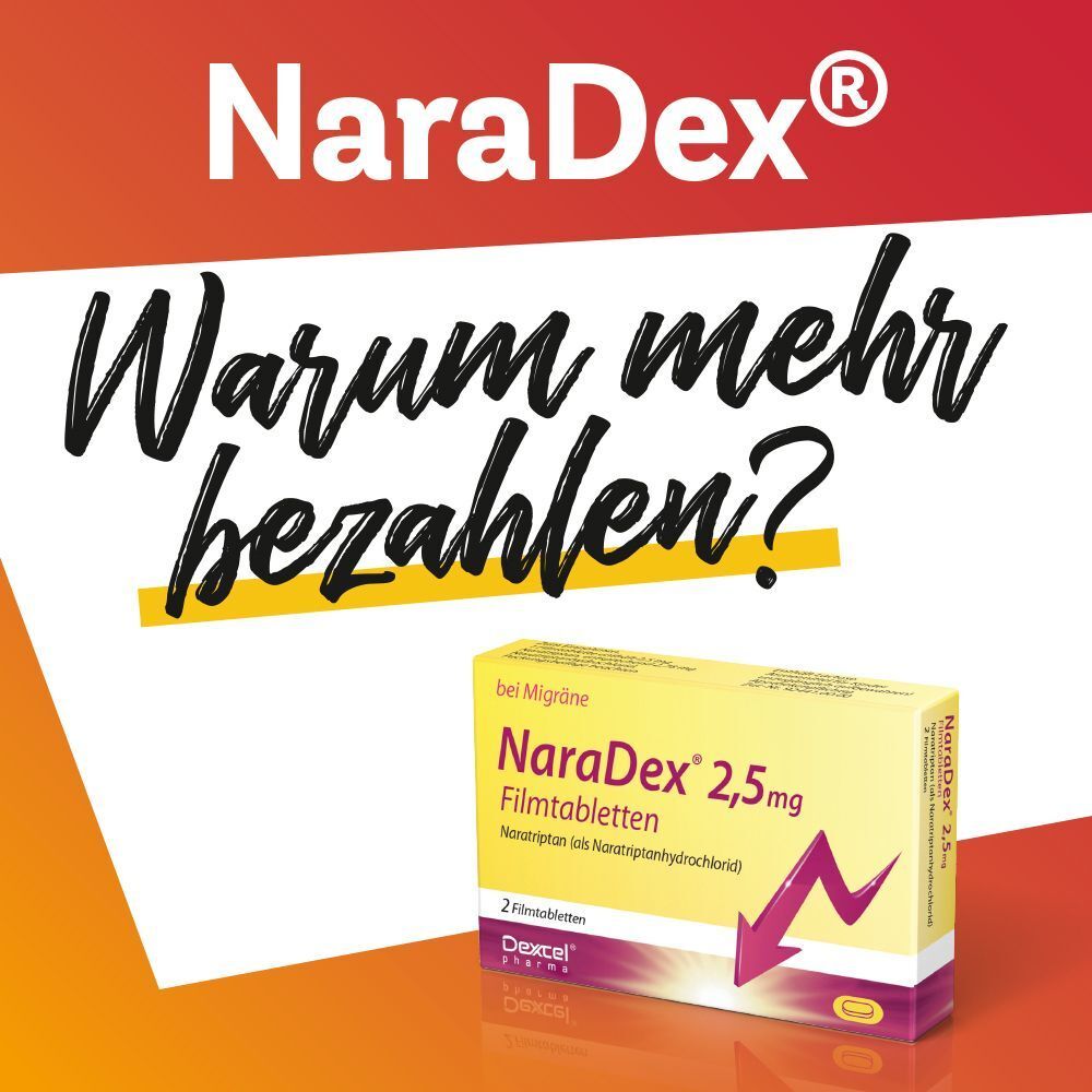Packung NaraDex® 2,5 mg und Text: Warum mehr bezahlen?