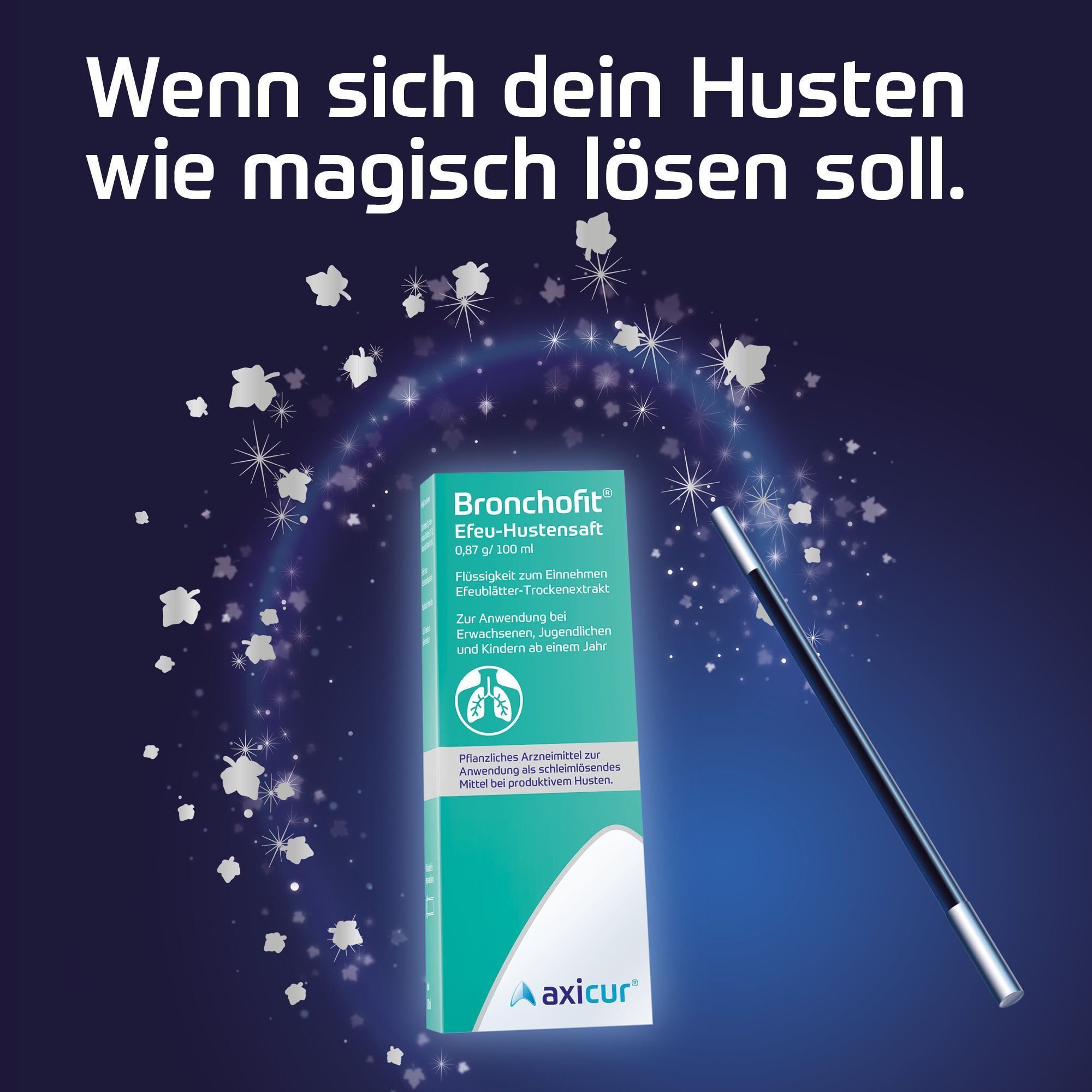 Bronchofit® Efeu-Hustensaft im magischen Licht mit Zauberstab und Blättern.