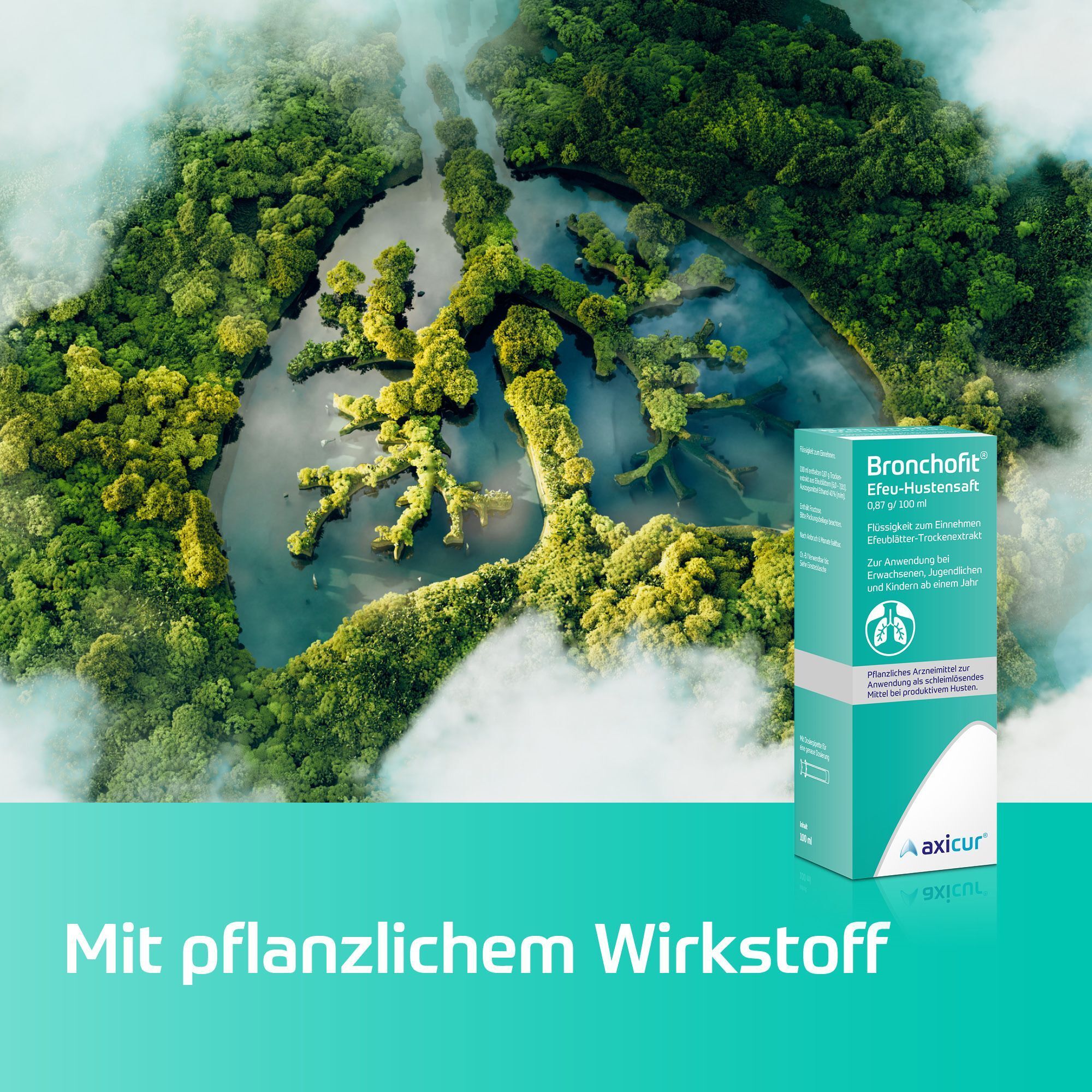 Bronchofit® Efeu-Hustensaft vor Lungenlandschaft aus Wald und Wasser.