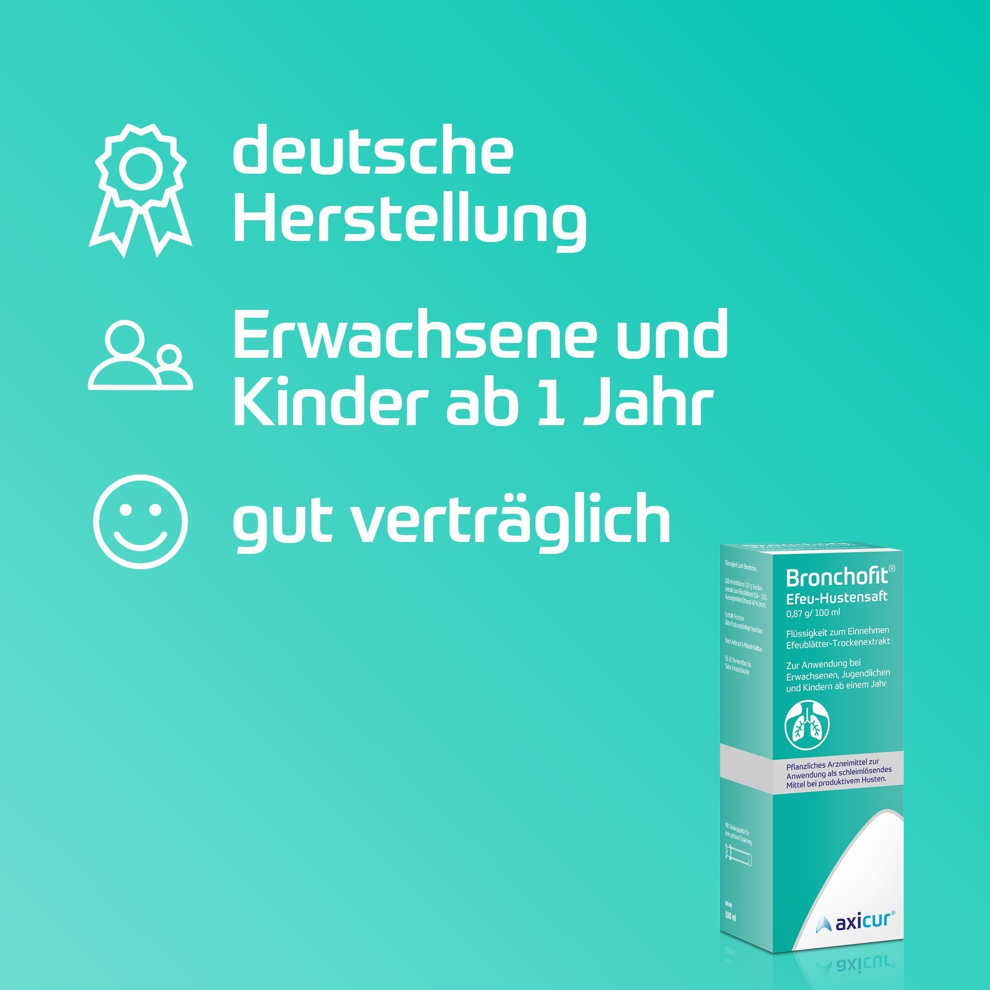 Bronchofit® Efeu-Hustensaft, deutsche Herstellung, für Erwachsene und Kinder ab 1 Jahr.