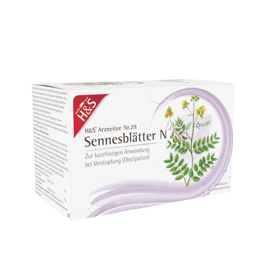 Packung H&S Arzneitee Nr. 29 Sennesblätter N mit Illustration einer Pflanze, von vorne.