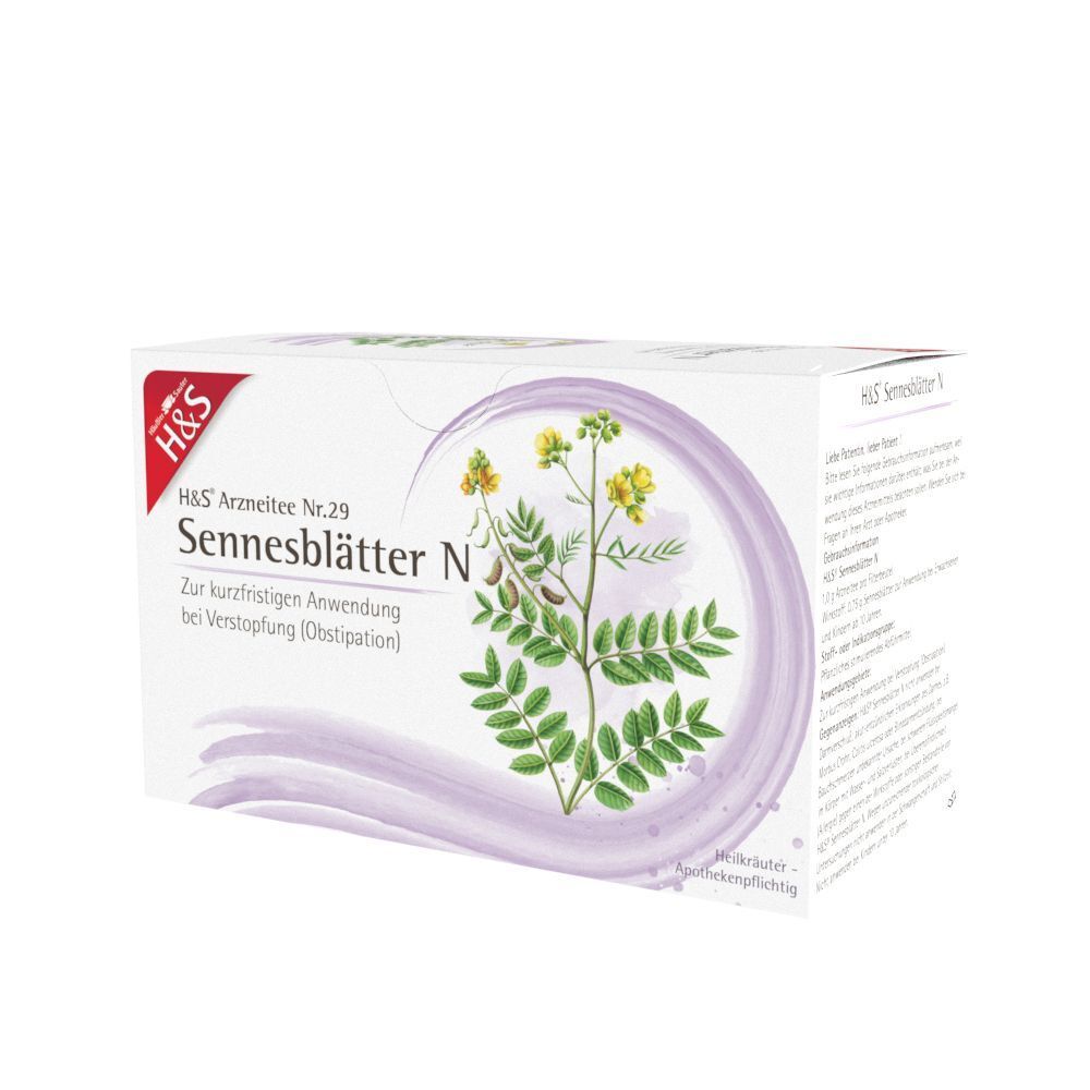 Packung H&S Arzneitee Nr. 29 Sennesblätter N mit Illustration einer Pflanze, von schräg vorne.