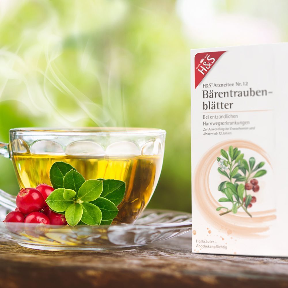 Eine Tasse dampfender H&S Bärentraubenblätter Tee neben einer Packung des Tees.