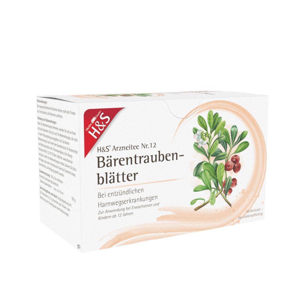 Packung H&S Bärentraubenblätter Tee Nr. 12, Seitenansicht mit detaillierter Beschreibung.