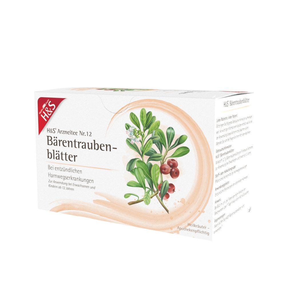 Packung H&S Bärentraubenblätter Tee Nr. 12, schräge Ansicht mit Abbildung der Pflanze.