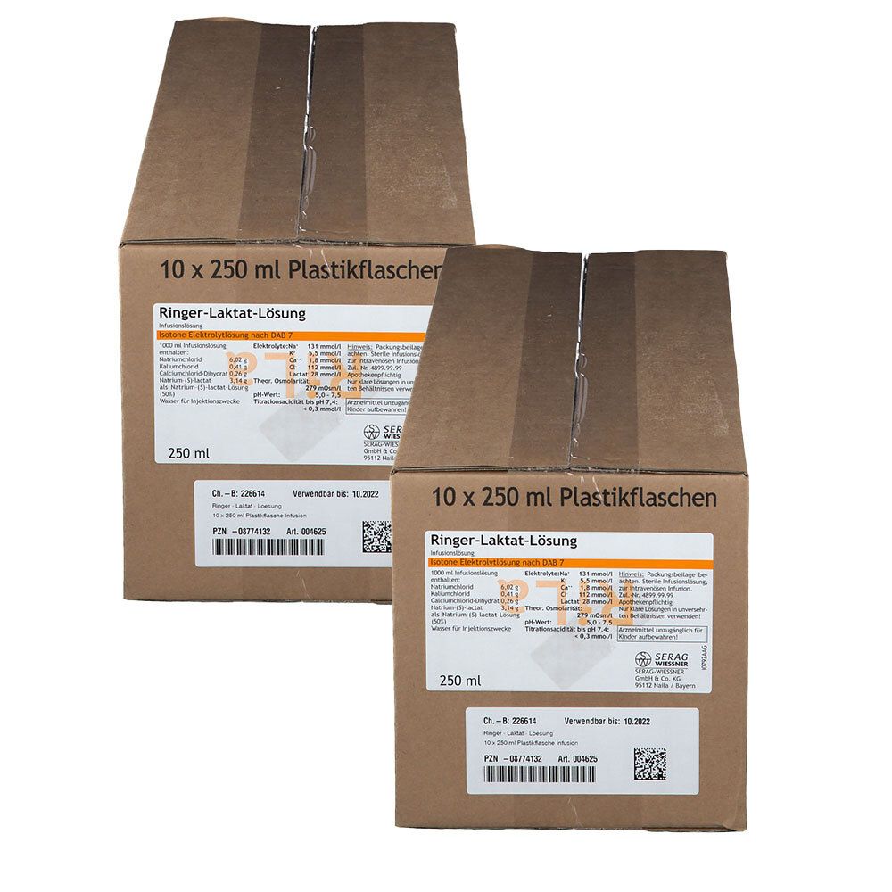 Zwei Kartons mit je 10x 250 ml Plastikflaschen Ringer-Laktat-Lösung. Enthält detaillierte Produktinformationen.