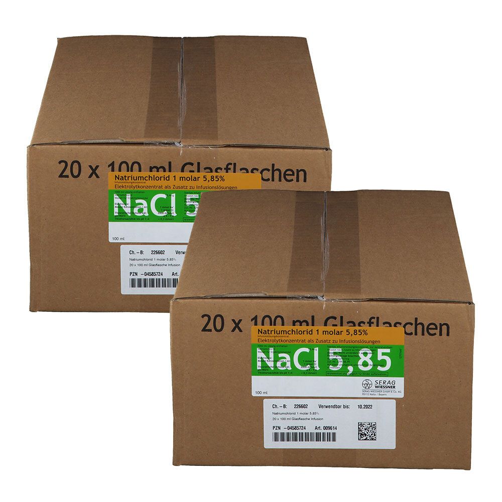 Zwei Kartons mit je 20 Glasflaschen Natriumchlorid 1 molar 5,85%. NaCl 5,85.