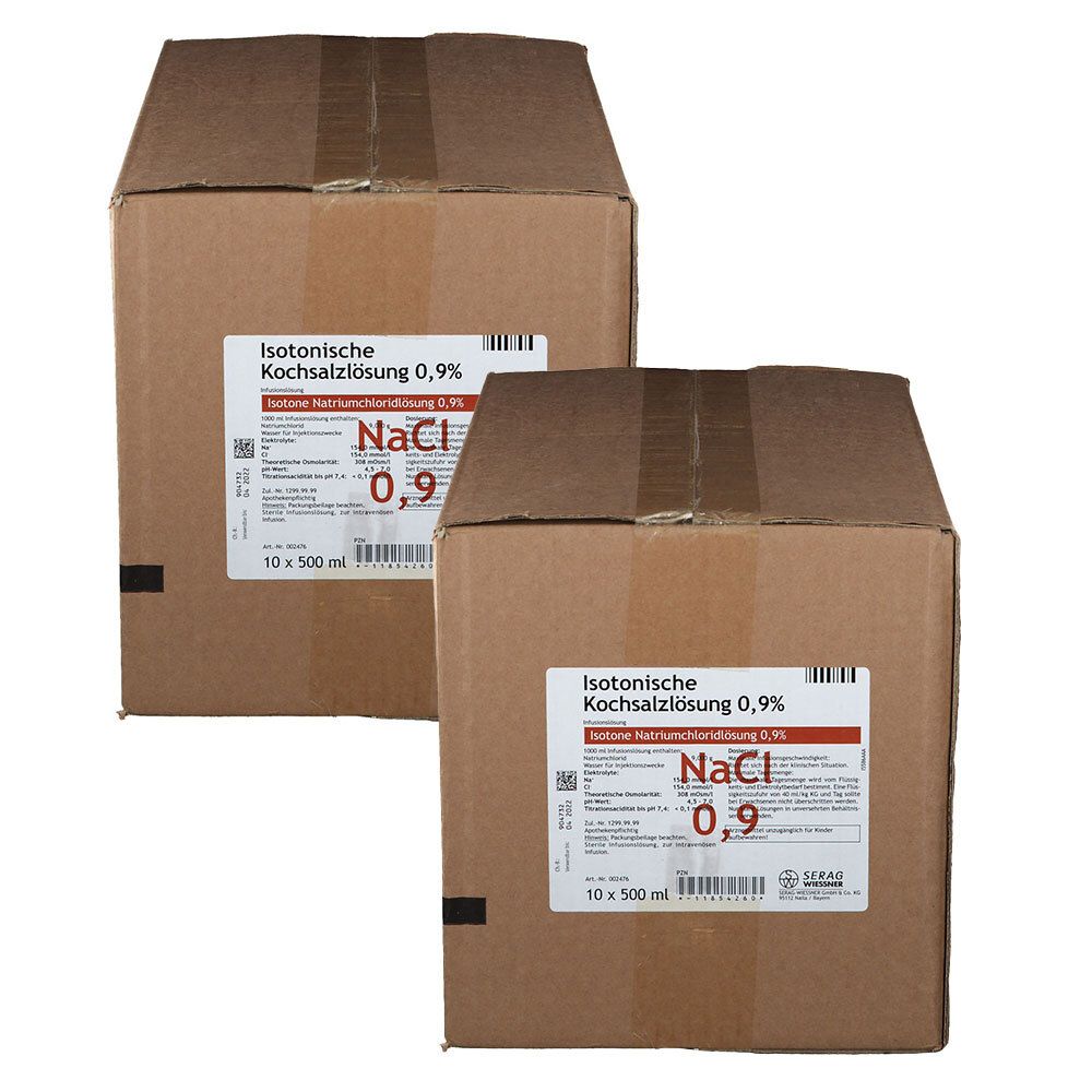Zwei Kartons mit isotonischer Kochsalzlösung 0,9% NaCl, jeweils 10 x 500 ml.