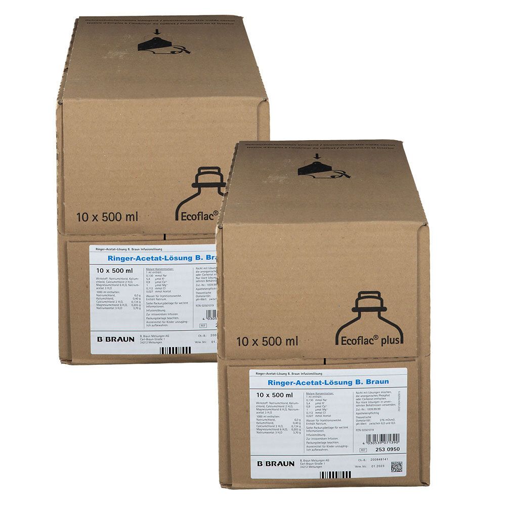 Zwei Kartons mit je 10 x 500 ml Ringer-Acetat-Lösung Ecoflac Plus von B. Braun.