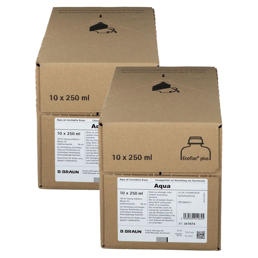 Zwei Kartons mit je 10 x 250 ml Aqua ad iniectabilia Braun Ecoflac® plus. Kartons mit Produktinformationen.