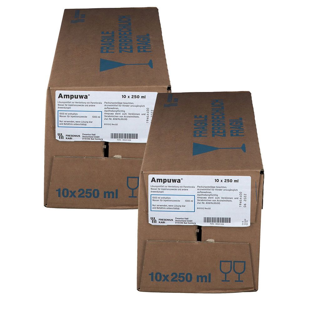 Zwei Kartons mit je 10x 250 ml Ampuwa Wasser für Injektionszwecke. Kartons sind mit Warnhinweisen gekennzeichnet.