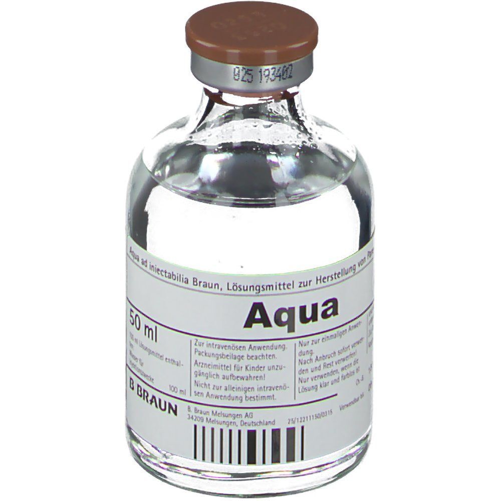 Glasflasche mit Flüssigkeit. Brauner Verschluss, silberner Ring. Etikett mit Text: Aqua ad injectabilia Braun. Aufschrift: 50 ml. B. Braun.
