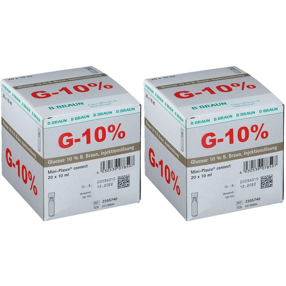 Zwei Kartons mit "G-10%" und "B. Braun" Aufdruck. Beschriftung: Glucose 10 % Injektionslösung. Enthält 20 x 10 ml. Haltbarkeit bis 12.2022.