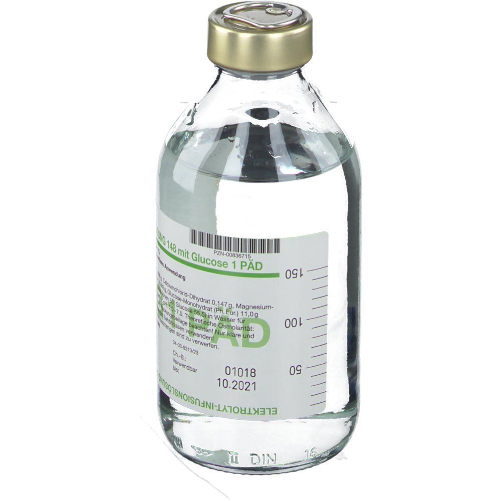 Infusionsflasche mit Flüssigkeit. Beschriftung: Elektrolyt-Infusionslösung 148 mit Glucose 1 PÄD. 250 ml. Mit Metallkappe verschlossen. Skala.