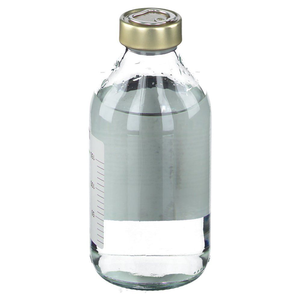 Infusionsflasche mit Flüssigkeit. Mit Metallkappe verschlossen. Skala. Etikett mit Text.