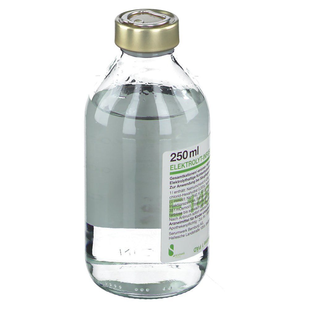 Infusionsflasche mit Flüssigkeit. Beschriftung: 250 ml. Elektrolyt-Infusionslösung. Mit Metallkappe verschlossen. Grünes Logo.