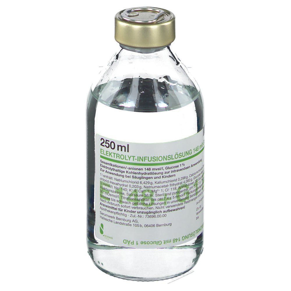 Infusionsflasche mit Flüssigkeit. Beschriftung: 250 ml. Elektrolyt-Infusionslösung 148 mit Glucose 1 PÄD. Mit Metallkappe verschlossen.
