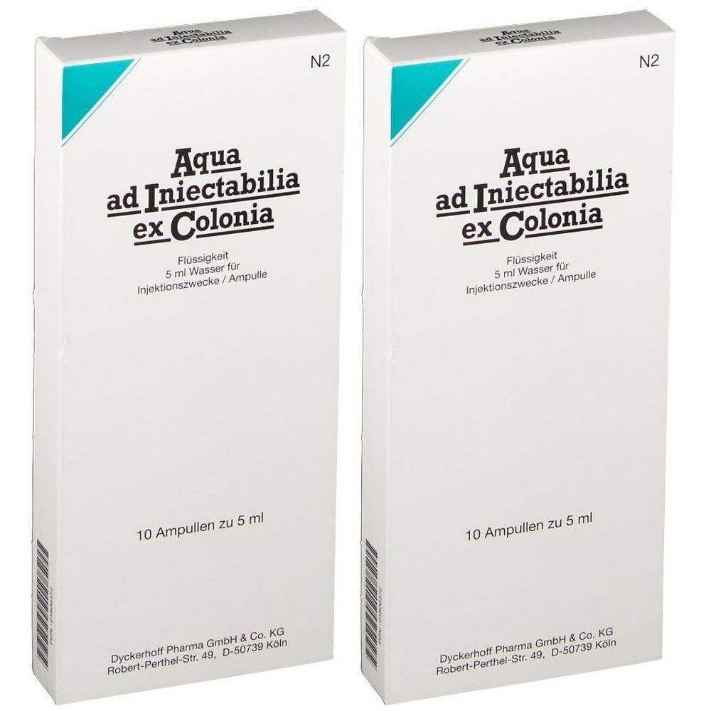 Zwei weiße Kartons mit der Aufschrift "Aqua ad Iniectabilia ex Colonia". Jeder Karton enthält 10 Ampullen.